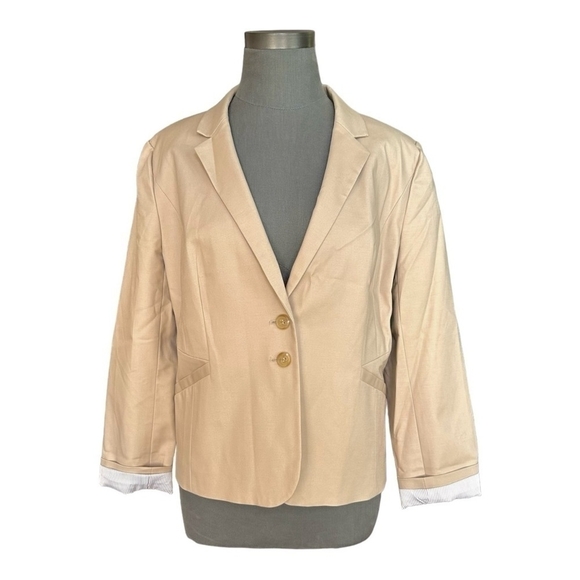 NWT Women’s Dress Jacket  HALOGEN Beige Cotton Button Front Long Sleeve Blazer - Picture 2 of 6